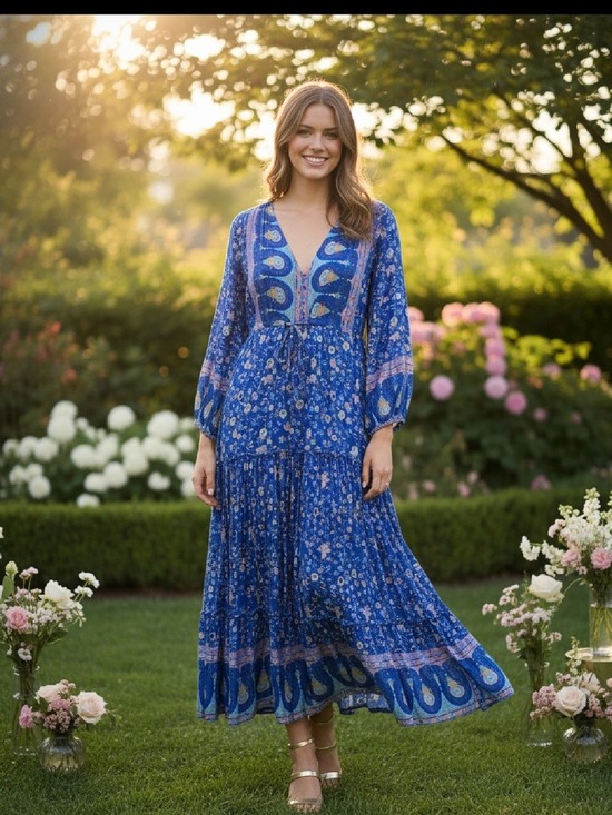 adventure dress Dresses & Skirts - Bohemian Blue Floral Long Sleeve Dress